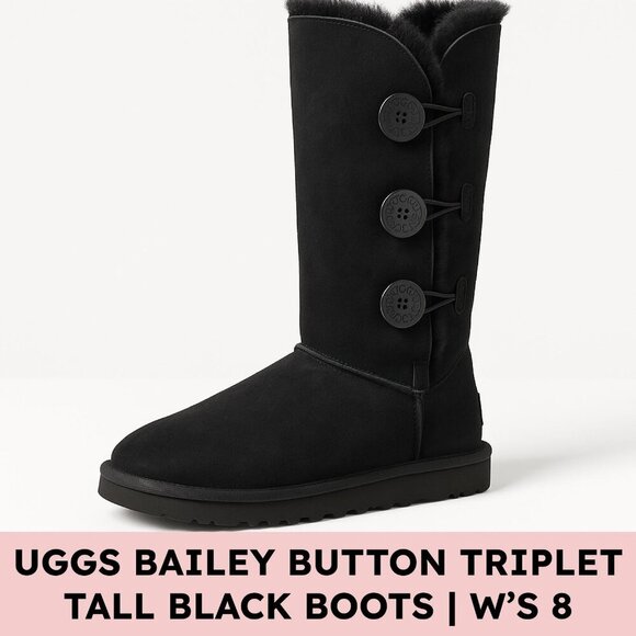 UGG Bailey Button Triplet II Sheepskin Tall Boots Black Size 8 - Picture 1 of 13